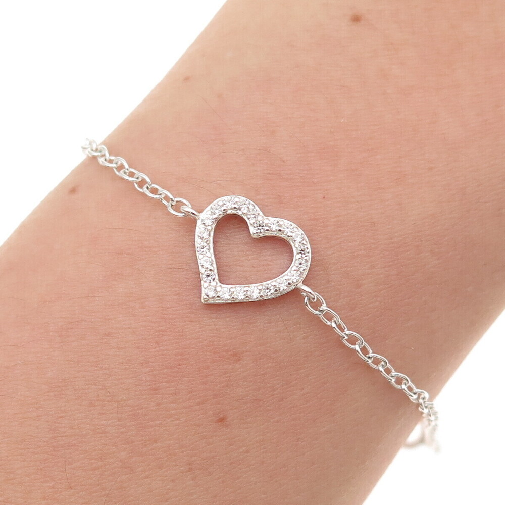 925 Sterling Silver Round-Cut C Z Heart Cable Link Bracelet 6.75"